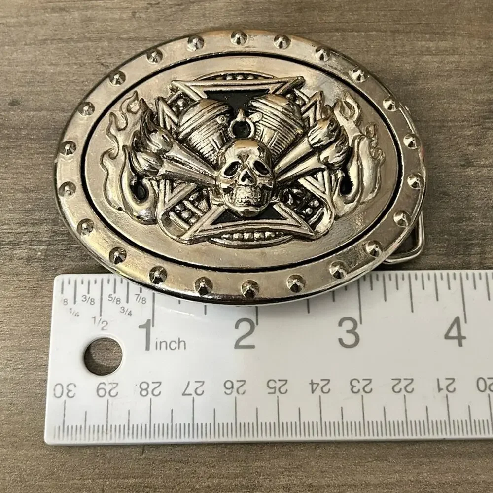 TLF Silver Tone Biker Skull Flames Engine Motor Belt Buckle #H52